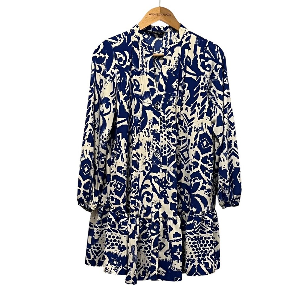 Zara Long Sleeve Boho Tiered Mini Dress, Cobalt Blue Print, S